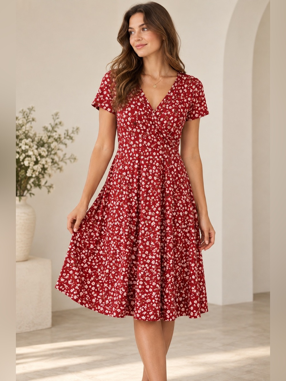 MSBASIC Red Floral Wrap Midi Dress Size M